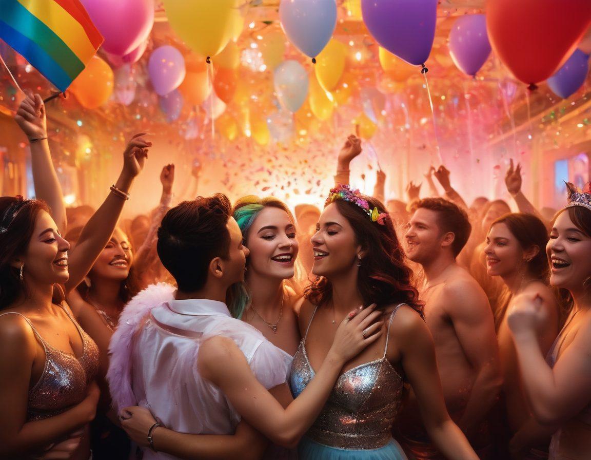 A vibrant and inviting scene depicting a diverse group of adults joyfully engaging in various forms of self-expression related to sexuality and adult entertainment. Include iconic symbols of sex positivity like rainbow flags, heart-shaped accessories, and playful lighting. Show a vibrant backdrop with soft, glowing elements that evoke warmth and inclusivity, while also allowing playful elements like feathers or confetti to enhance the celebratory atmosphere. super-realistic. vibrant colors. inclusive aesthetic.
