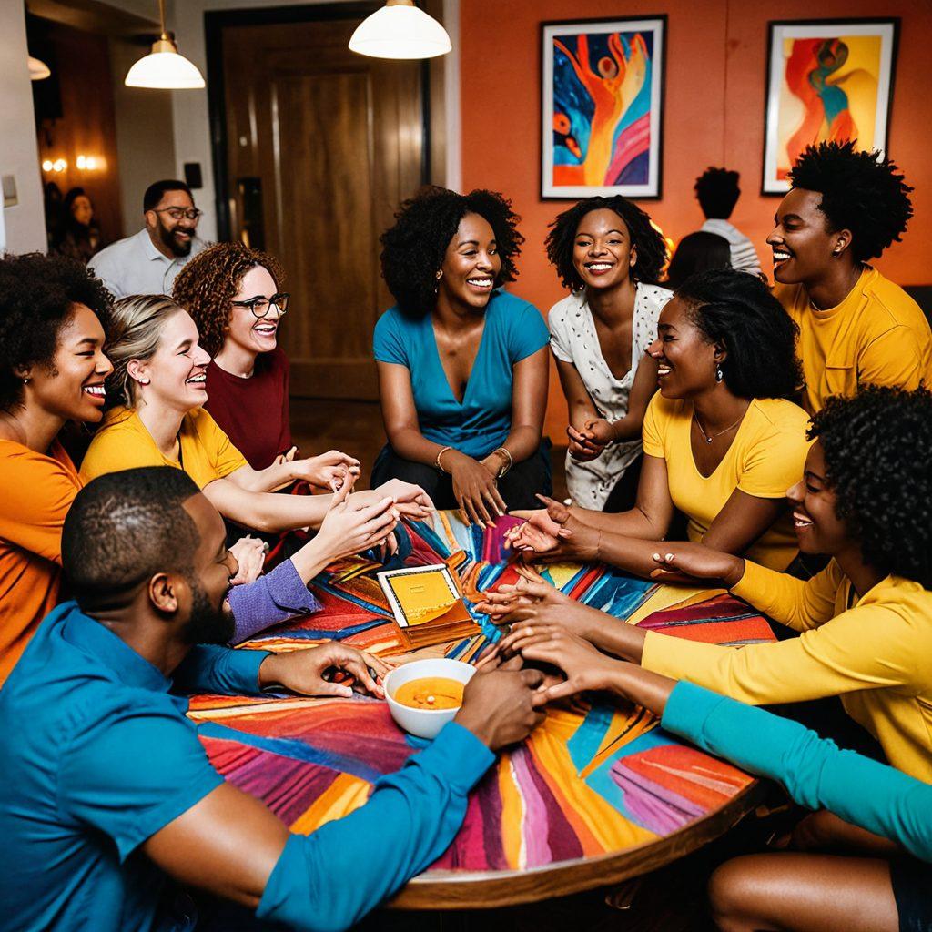 A vibrant and intimate scene depicting a diverse group of individuals in a cozy, warmly lit space, engaging in open conversations about adult media and intimacy. Showcase a colorful array of artistic representations symbolizing sexual expression, such as abstract art pieces and playful decor. Include subtle elements of connection, like intertwined hands and joyful laughter. The overall atmosphere should feel empowering and inviting, celebrating diversity and understanding in sexual expression. super-realistic. vibrant colors. warm lighting.